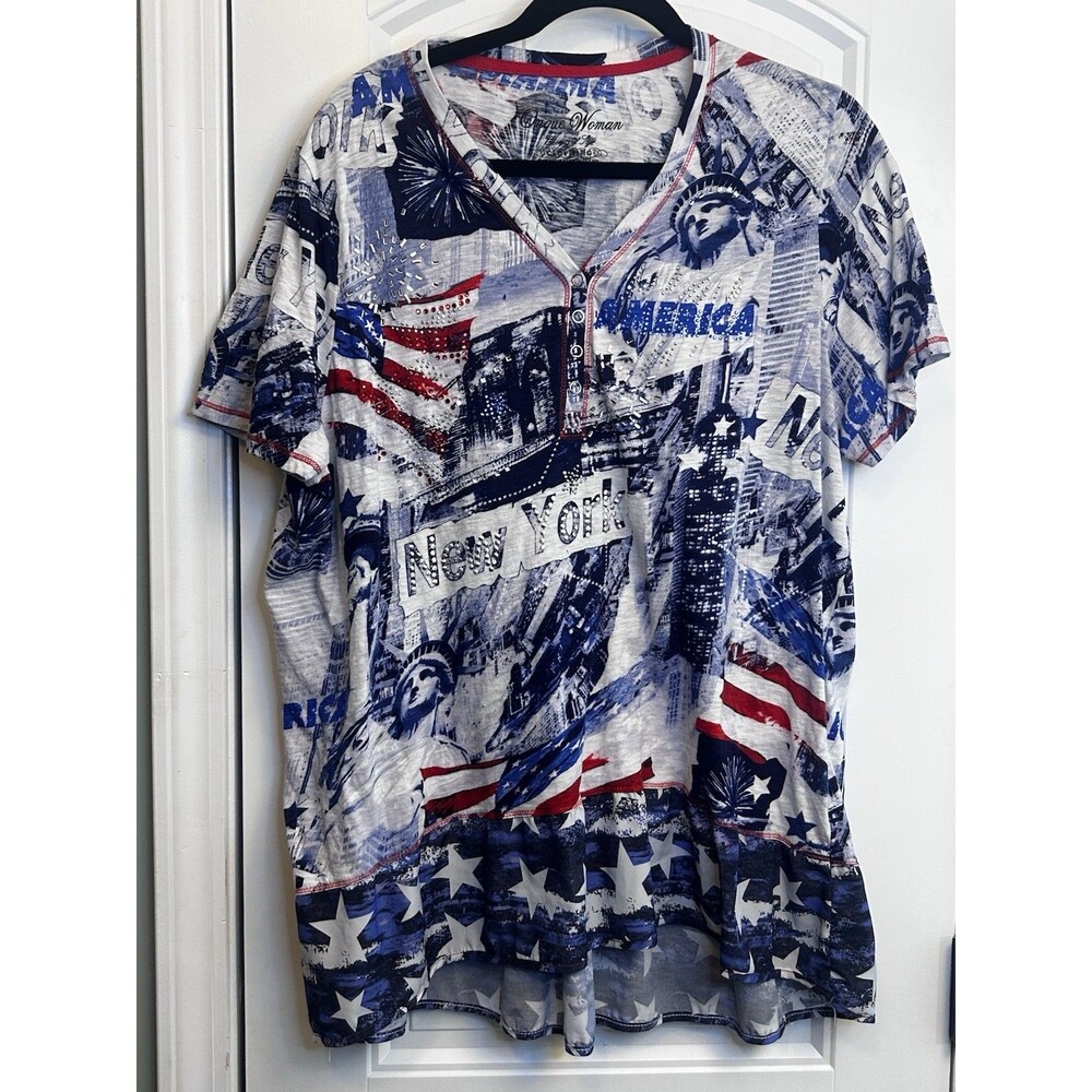 Unique Woman 2X Patriotic Stars Graphic Tunic T-Shirt V-Neck Rhinestone Button - Picture 12 of 16